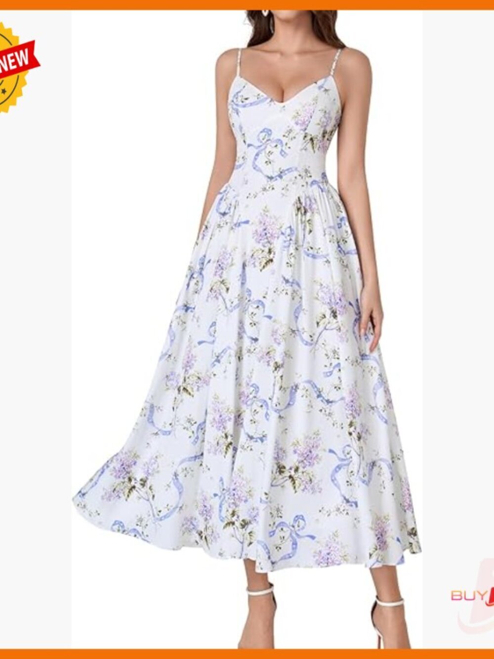 Floral Corset Midi Dress V Neck Lace Up Back Ruffle Sundress Wedding Guest